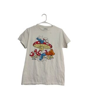 The Smurfs Graphic Tee Mushroom Retro White Short Sleeve T-Shirt Size S